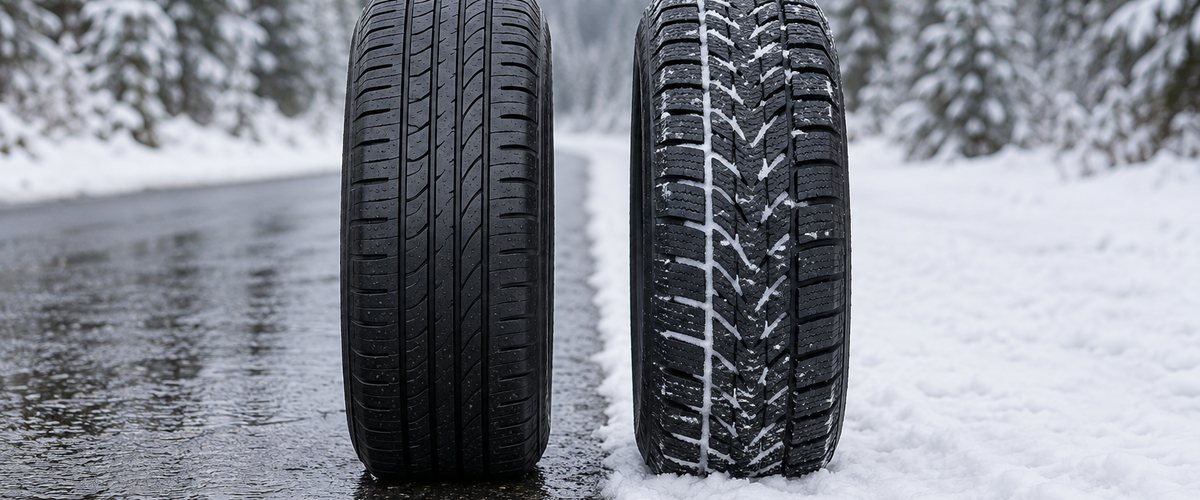 An all-weather tire on wet pavement beside a winter tire on snow