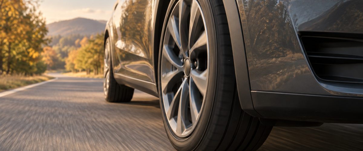 Car tire rolling on a dry road in autumn