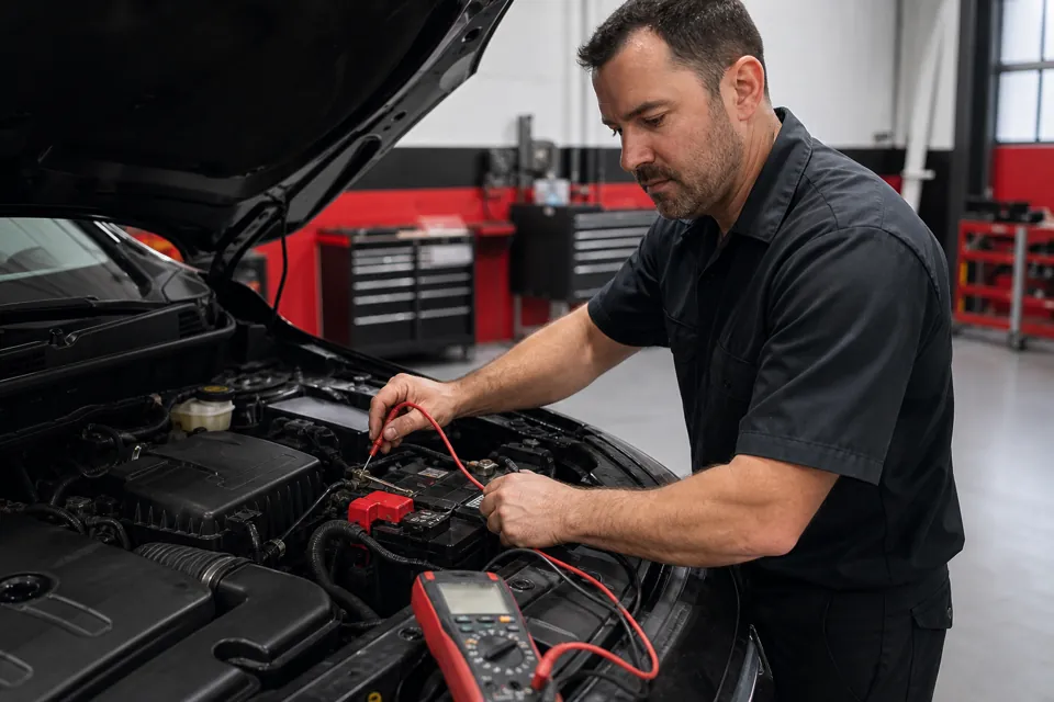 Mechanic testing a vehicle battery and alternator charging system
