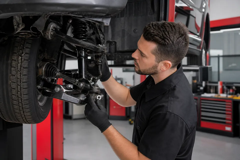 Mechanic inspecting steering and suspension components near a wheel assembly
