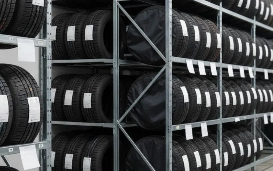 Labelled tires on storage racks