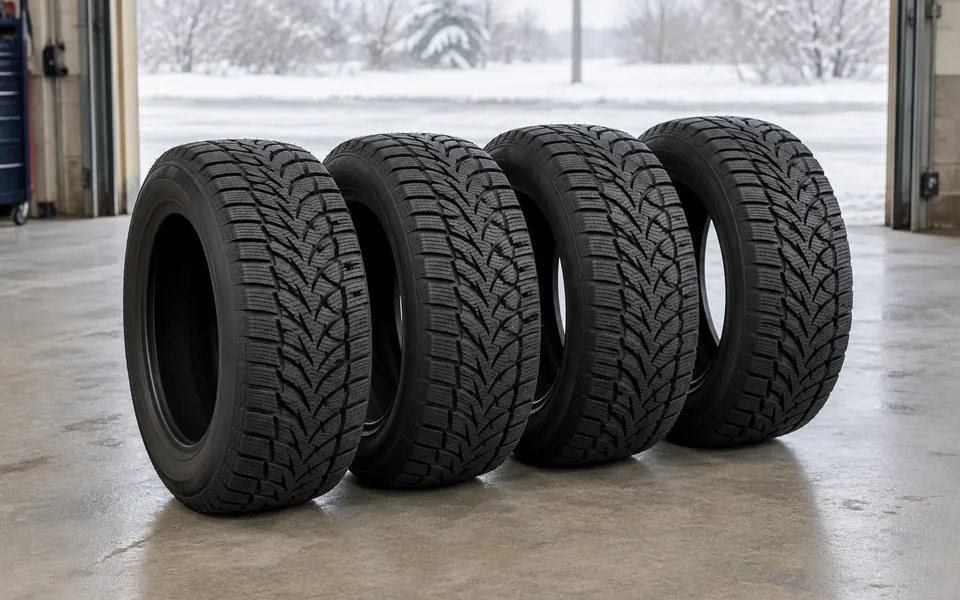 Four winter tires standing in a tire shop bay, with a snowy street outside